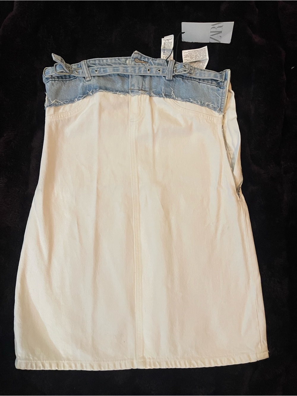 Zara Cream Mini dress with Light Blue Denim trim